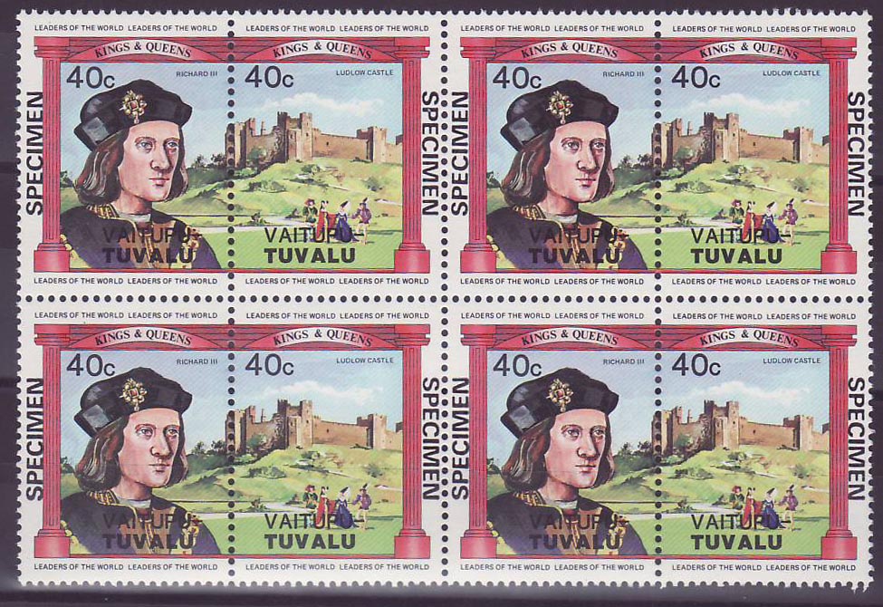 Vaitupi Tuvalu 40c Richard III Ludlow Castle ** Luxe Surcharge SPECIMEN Bloc de 4 