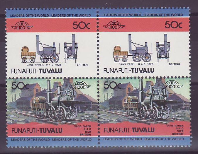 Funafuti Tuvalu 50c Train Sans Pareil 0-4-0 1829 ** Luxe Bloc de 4