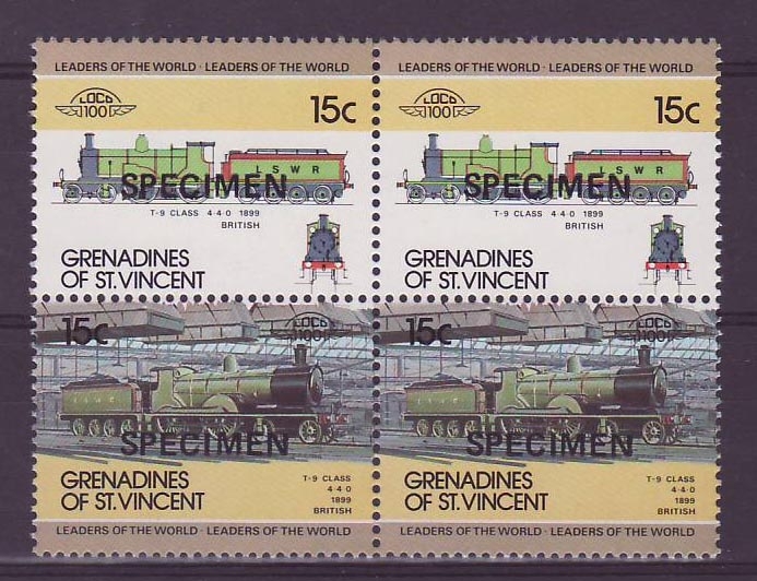 Grenadines of St Vincent 15c Train T 9 1899 ** Luxe surcharge SPECIMEN Bloc de 4