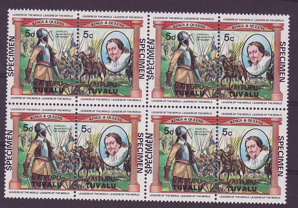 Vaitupu Tuvalu 5c Charles I Battle of Naseby ** Luxe Surcharge SPECIMEN Bloc de 4