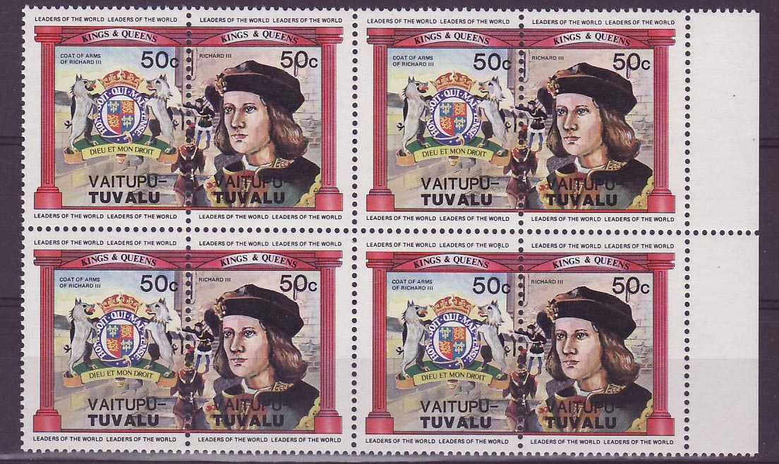 Vaitupu Tuvalu 50c Richard III ** Luxe Bloc de 4