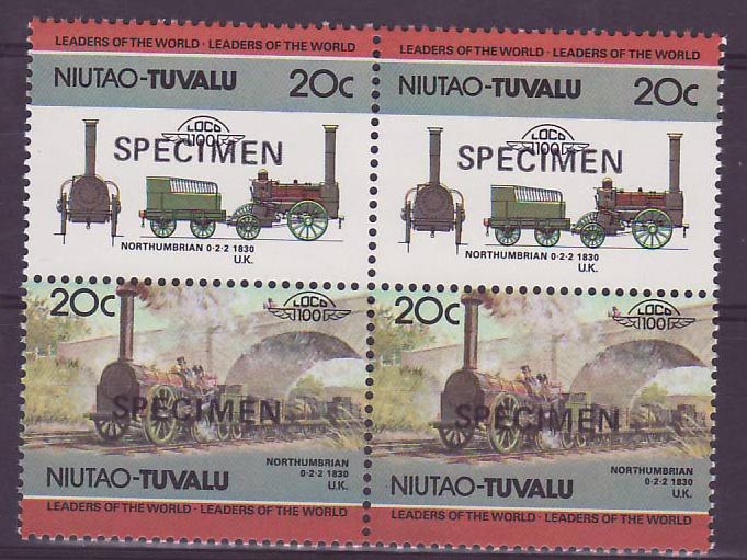 Niutao Tuvalu 20c Train Northumbrian 1830 ** Luxe Surcharge SPECIMEN Bloc de 4