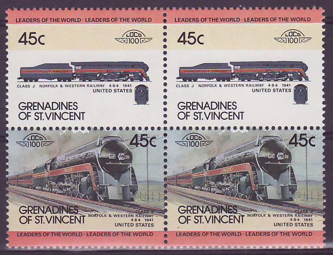 Grenadines of St Vincent 45c Train Class J Norfolk & Western Railway ** Luxe Bloc de 4