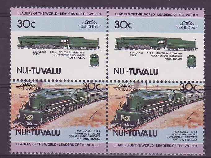 Nui Tuvalu 30c Train 520 Class Australia 1943 ** Luxe Bloc de 4