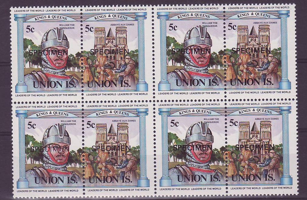 Union Islands 5c Guillaume le Conquerant Abbaye aux Dames Caen ** Luxe Surcharge SPECIMEN Bloc de 4