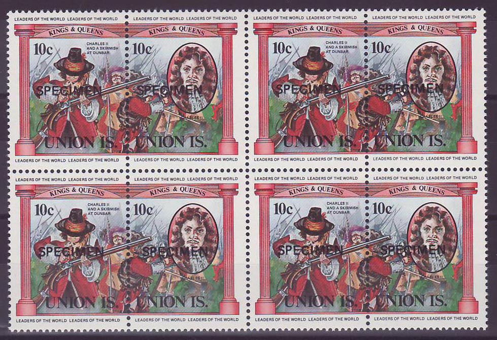 Union Islands 10c Charles II Dunbar ** Luxe Surcharge SPECIMEN Bloc de 4