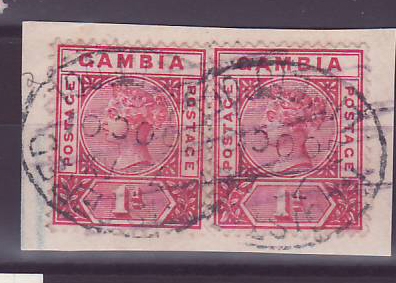 Gambie Gambia Cancelled Liverpool 1p Victoria Strip of 2 on parcel Posted on steamer