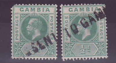 Gambie Gambia Pair of 1/2 GV value with MISSENT to Gambia handstamp