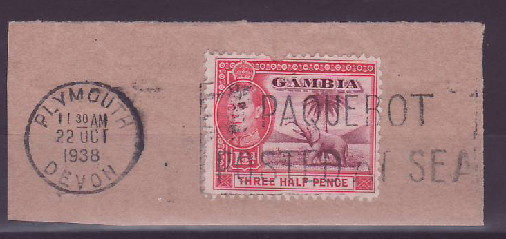 Gambie Gambia 1 1/2d Elephant Paquebot Cancel Parcel Plymouth Devon 1938