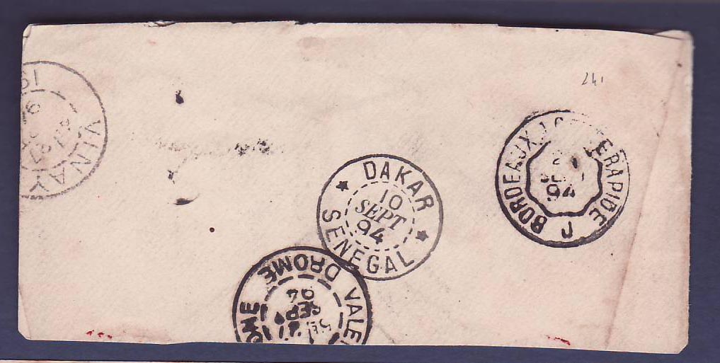 Guinee Grand fragment Colonies Generales 25c Cachet Victoria 3 SEP 1894 pour la France  cachet Maritime — Verso