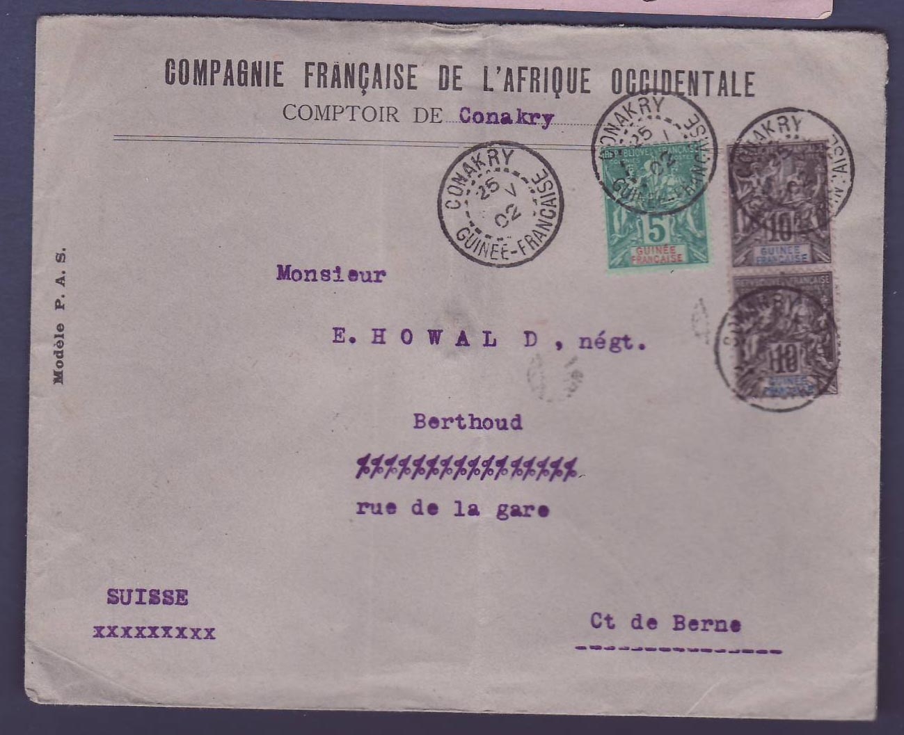 Guinee Lettre 2*10c Groupe + 5c Groupe Cachet Conarky 25 NOV 02 pour Berne Suisse  Rare
