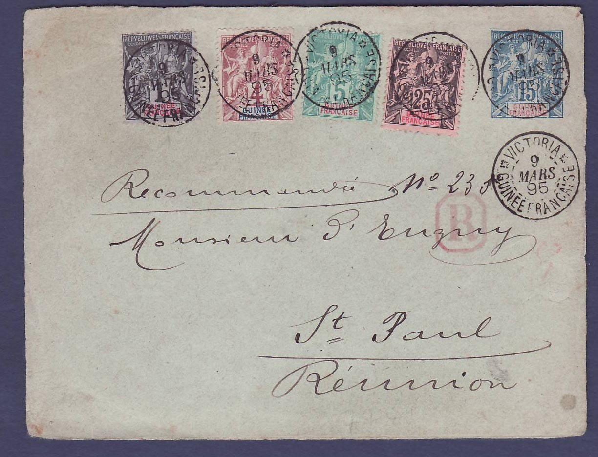 Guinee Entier (recto seulement) avec valeurs type Groupe complementaires obl Victoria 9 MARS 1895 pour St Paul  Reunion 