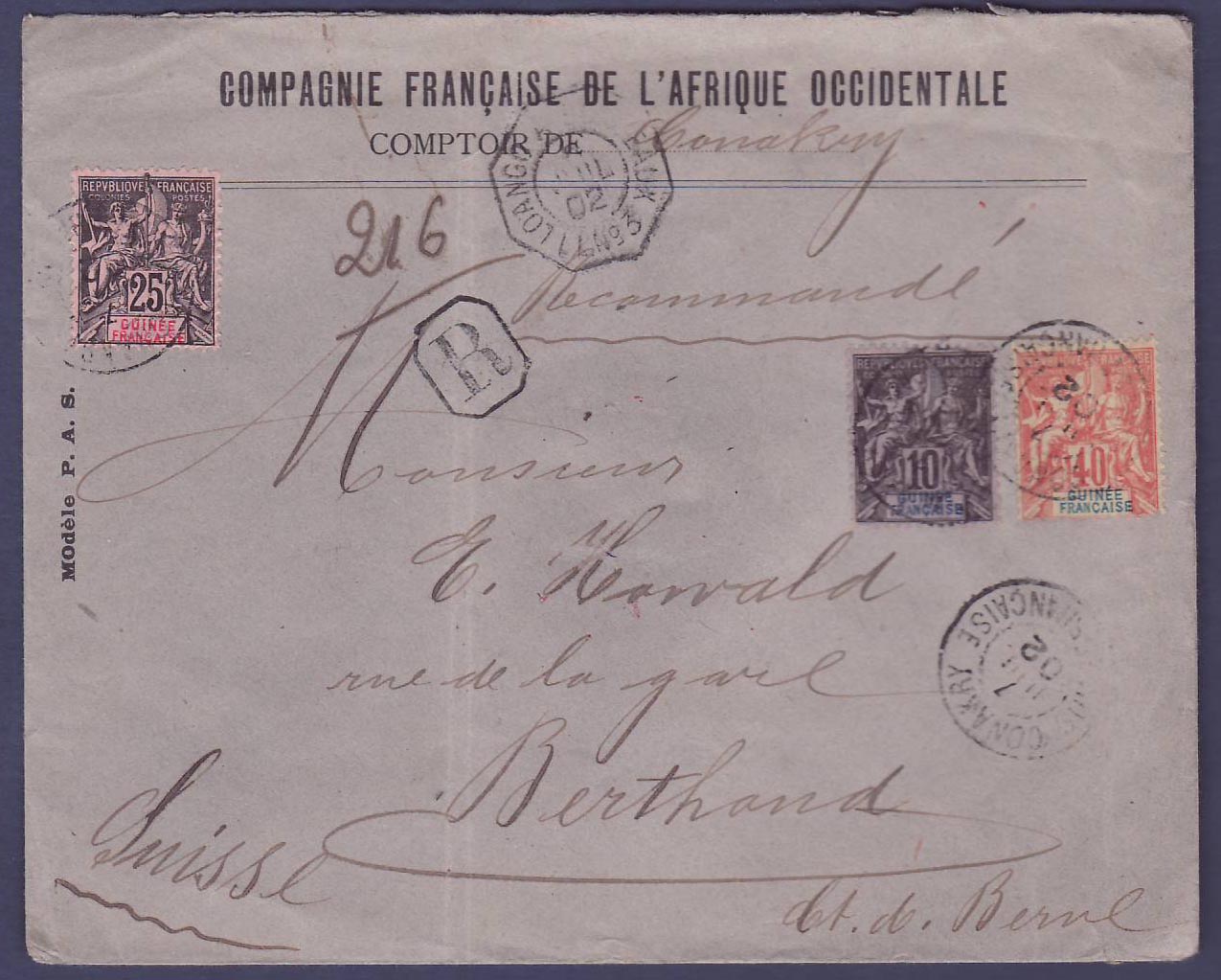 Guinee Lettre Recommandée 40c + 25c +10 c Groupe pour Berthand Suisse Conakry 1 JUI 02  Rare