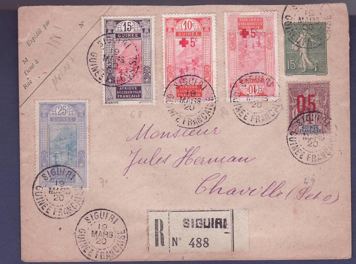 Guinee Entier Semeuse Lignee 15c + Valeurs complementaires Cachet Siguiri 19 MAR 20 pour Chaville  France