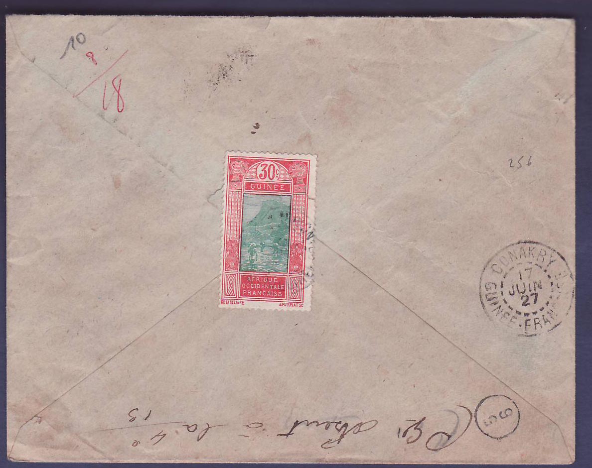 Guinee Gue de Kitim 30c au recto d'une lettre TAXEE a 10c en France  Cachet MAMOU 10 JUIN 27  pour Paris — Rückseite