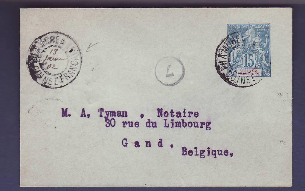 Guinee  Entier Postal 15c avec rare cachet Phamohe et date manuscrite 13 JAN 1902  pour Gand Belgique  RARE