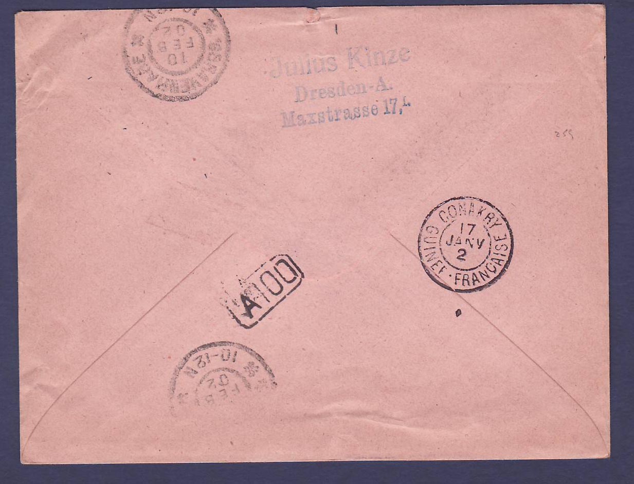 Guinee  Entier Postal 25c avec rare cachet Phamohe et date manuscrite 13 JAN 1902  pour La Hague  Pays-Bas  RARE — Rückseite