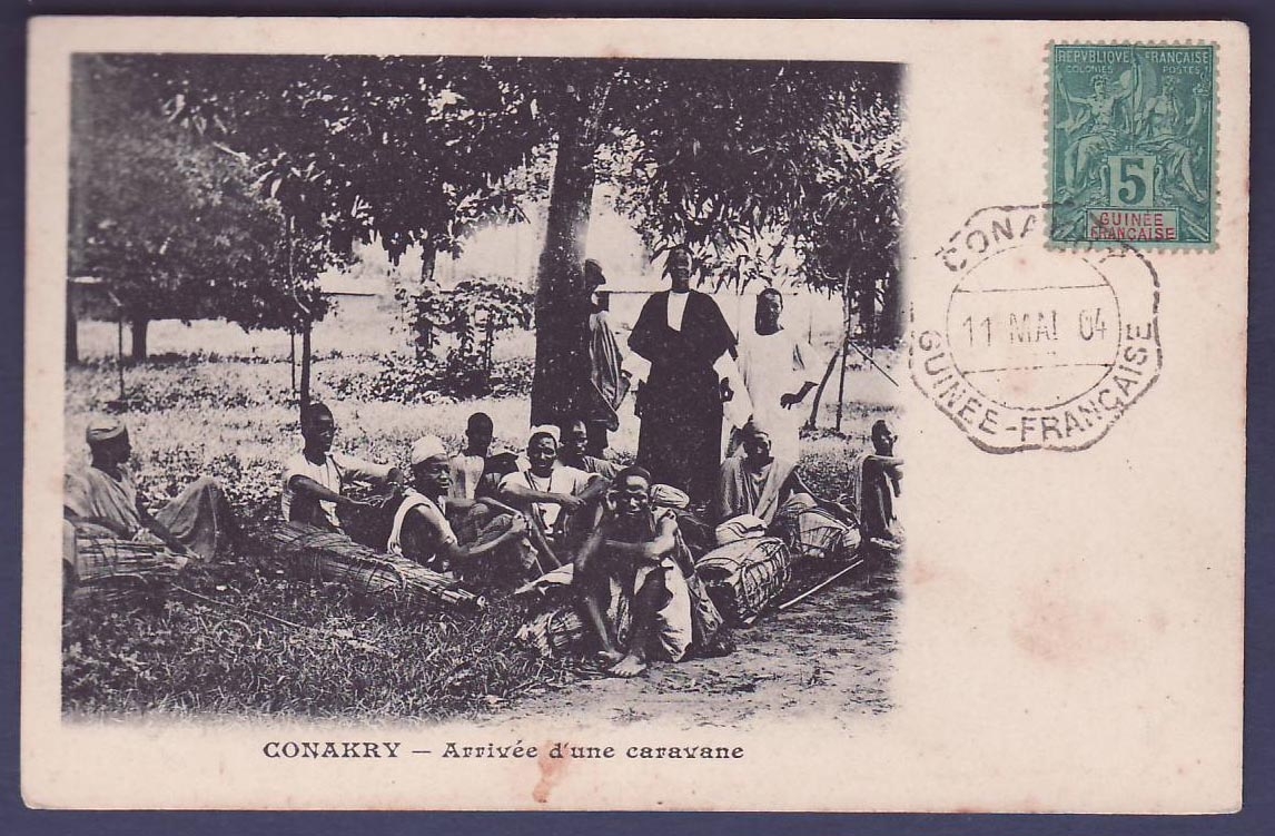Guinee 5c Groupe avec Rare Cachet Telegraphes Conakry 11 MAI 04  sur CPA Conakry Arrivee d'une caravane