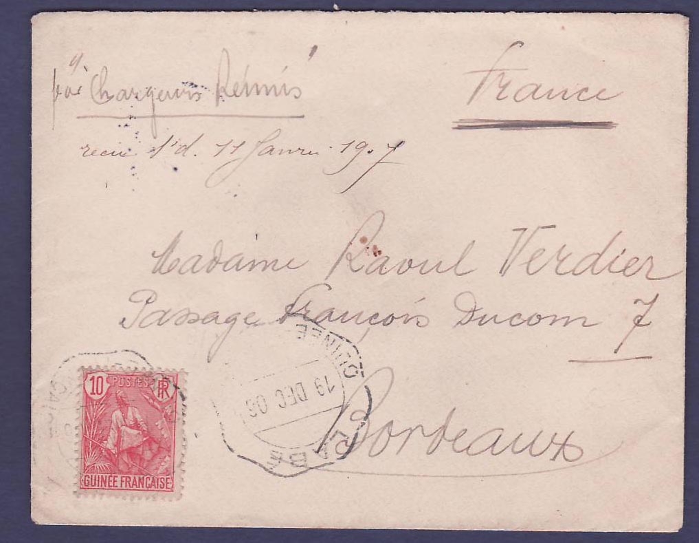 Guinee Berger Pulas 10c avec Rare Cachet Telegraphique Telegraphes Labe 19 DEC 06  pour Bordeaux  France