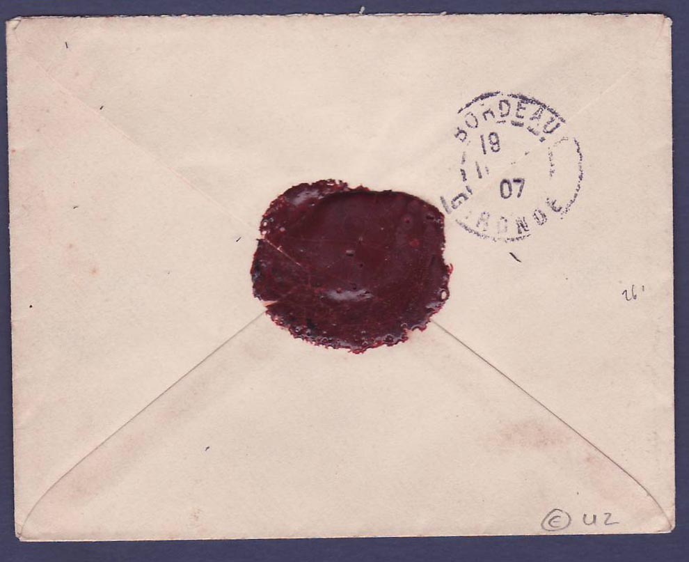 Guinee Berger Pulas 10c avec Rare Cachet Telegraphique Telegraphes Labe 19 DEC 06  pour Bordeaux  France — Rückseite