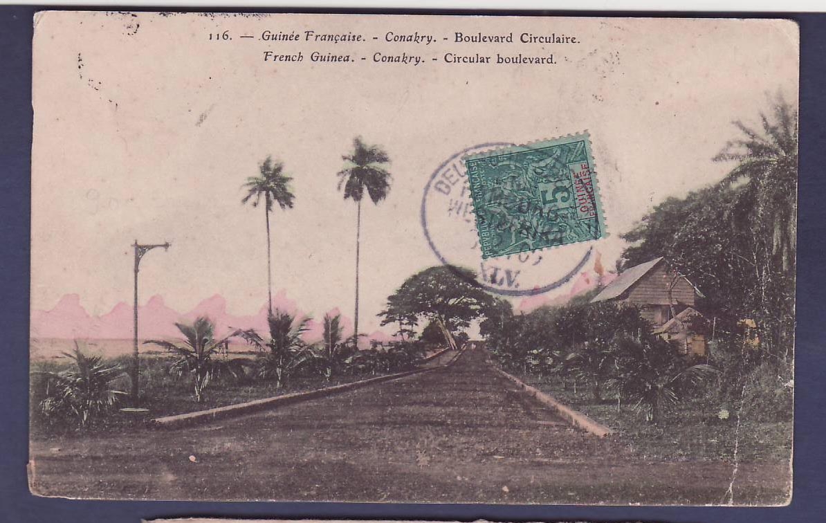Guinee Carte Postale avec 5c Groupe et cachet Allemand Deutsche Seepost Hamburg 3 2 09  au dos cachet d'Escale  Rare