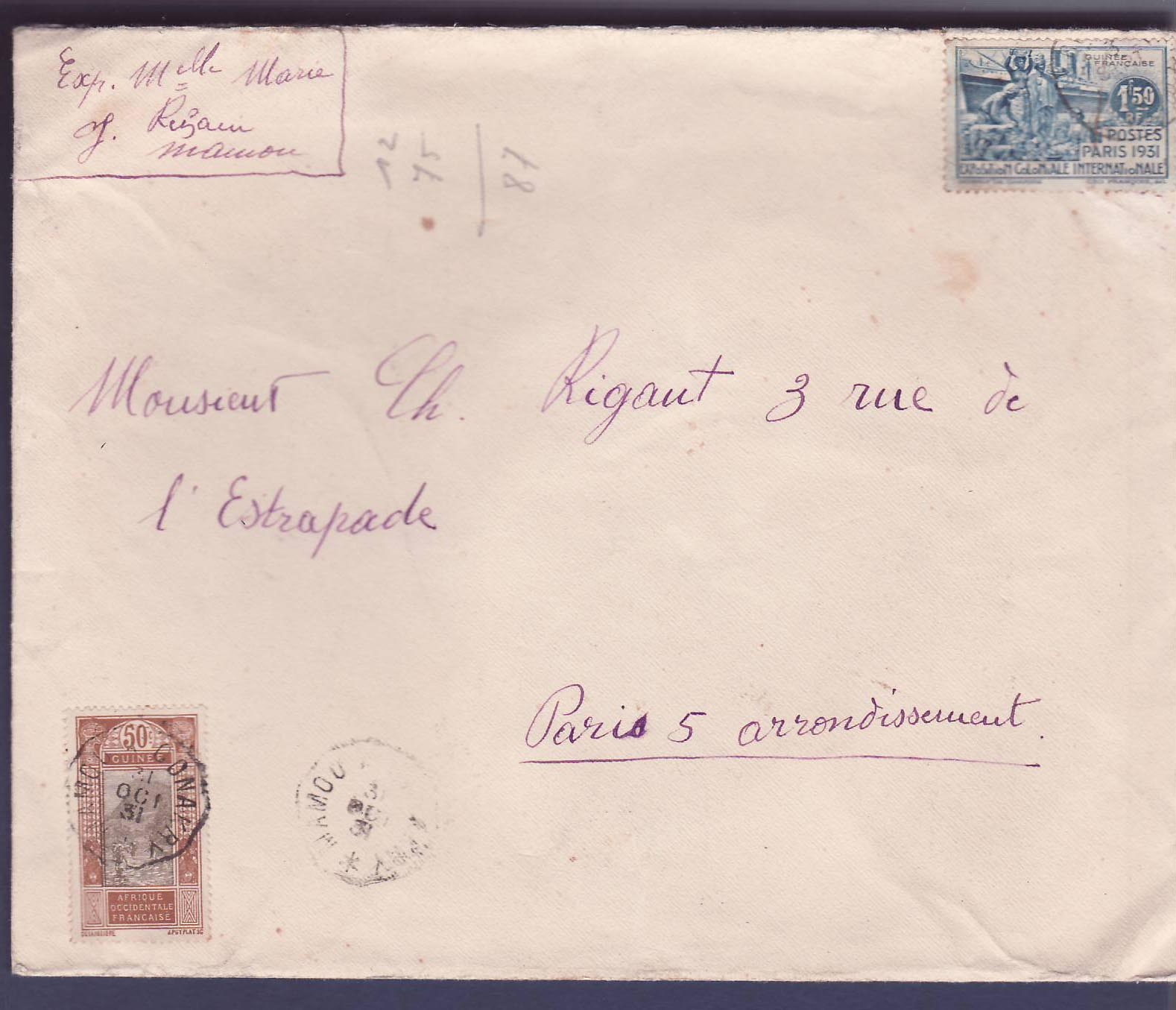 Guinee Grande Lettre avec 1F50 Exposition Coloniale + 50c Gue de Kitim pour Paris  France  31 OCT 31