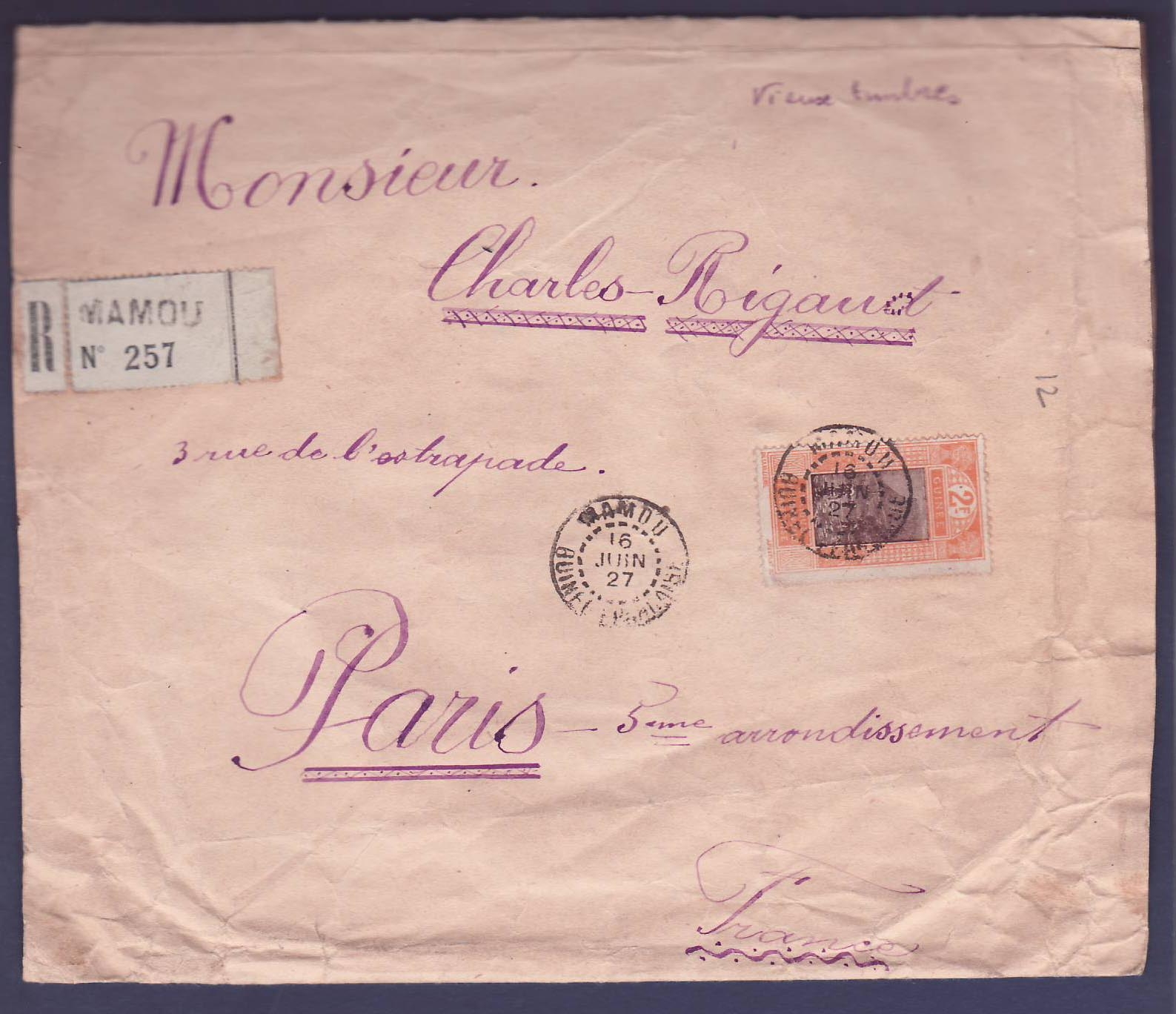 Guinee Grande Lettre avec 2F Gue de Kitim seul  obl Mamou 16 JUIN 27  pour Paris