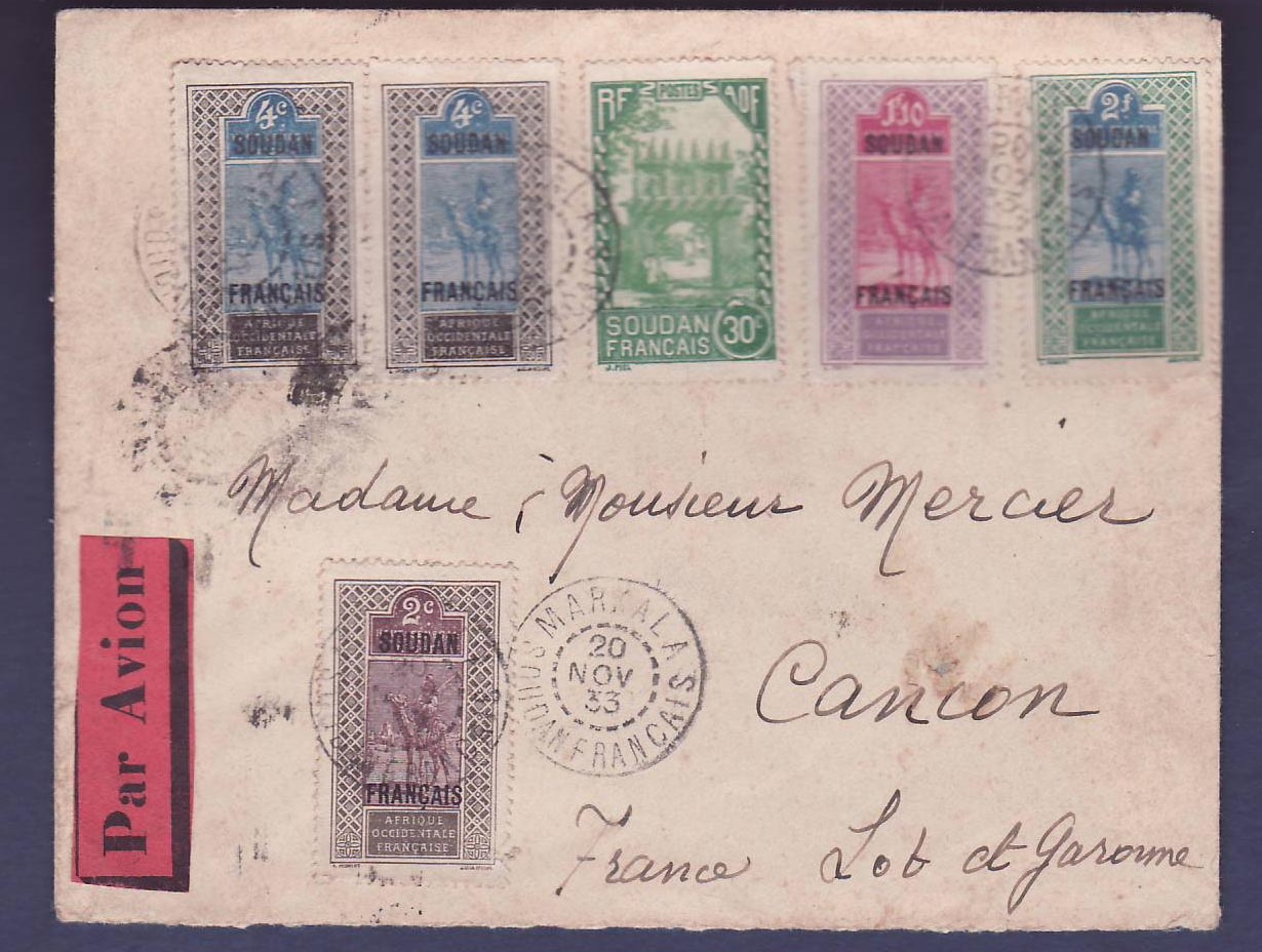Soudan Lettre avec diverses valeurs Targui obl Markala 20 NOV 33  pour Cancon  France  au dos Vignette Tuberculose