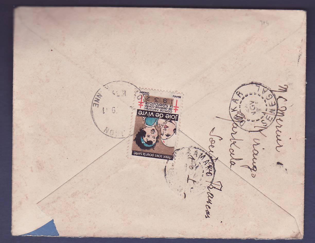 Soudan Lettre avec diverses valeurs Targui obl Markala 20 NOV 33  pour Cancon  France  au dos Vignette Tuberculose — Rückseite