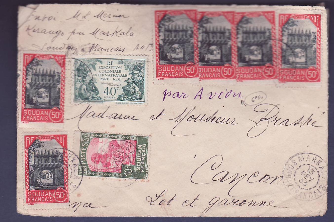 Soudan Lettre avec diverses valeurs obl Markala 13 FEV 33 pour Canon Lot et Garonne  France