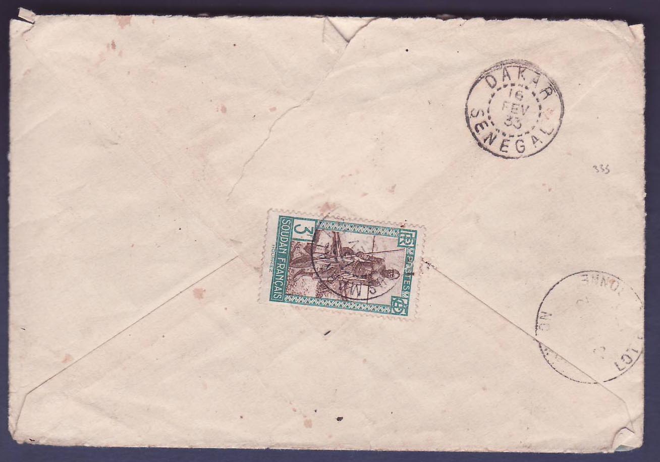 Soudan Lettre avec diverses valeurs obl Markala 13 FEV 33 pour Canon Lot et Garonne  France — Verso