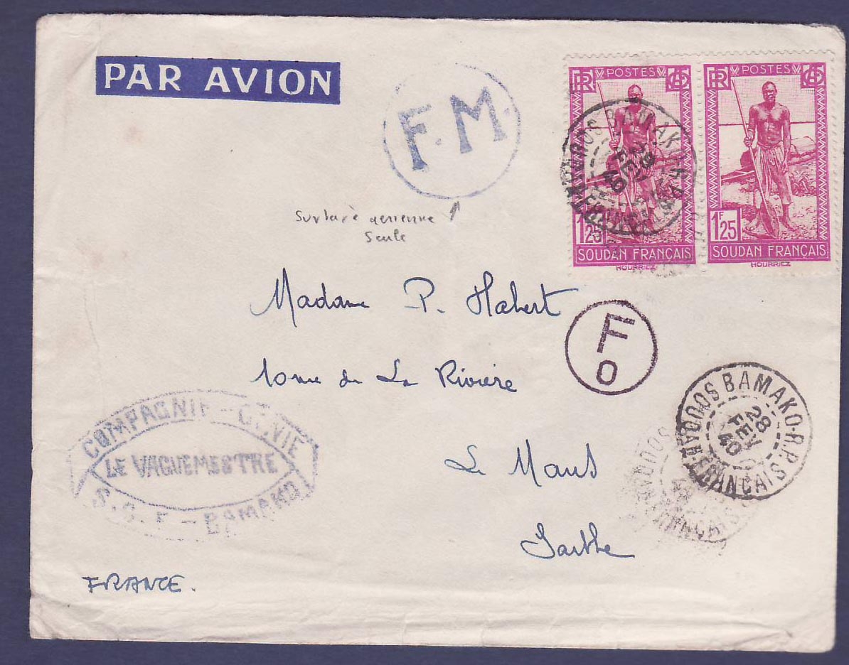 Soudan Lettre avec Paire Batelier du Niger 1F25 Bamako 28 FEV 40 Cachet FM Franchise Militaire (taxée poste aerienne seu