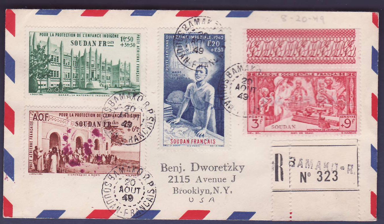 Soudan Lettre avec diverses valeurs Protection de l'enfance  pour New-York  Brooklyn  USA  obl Bamako 20 AOU 49