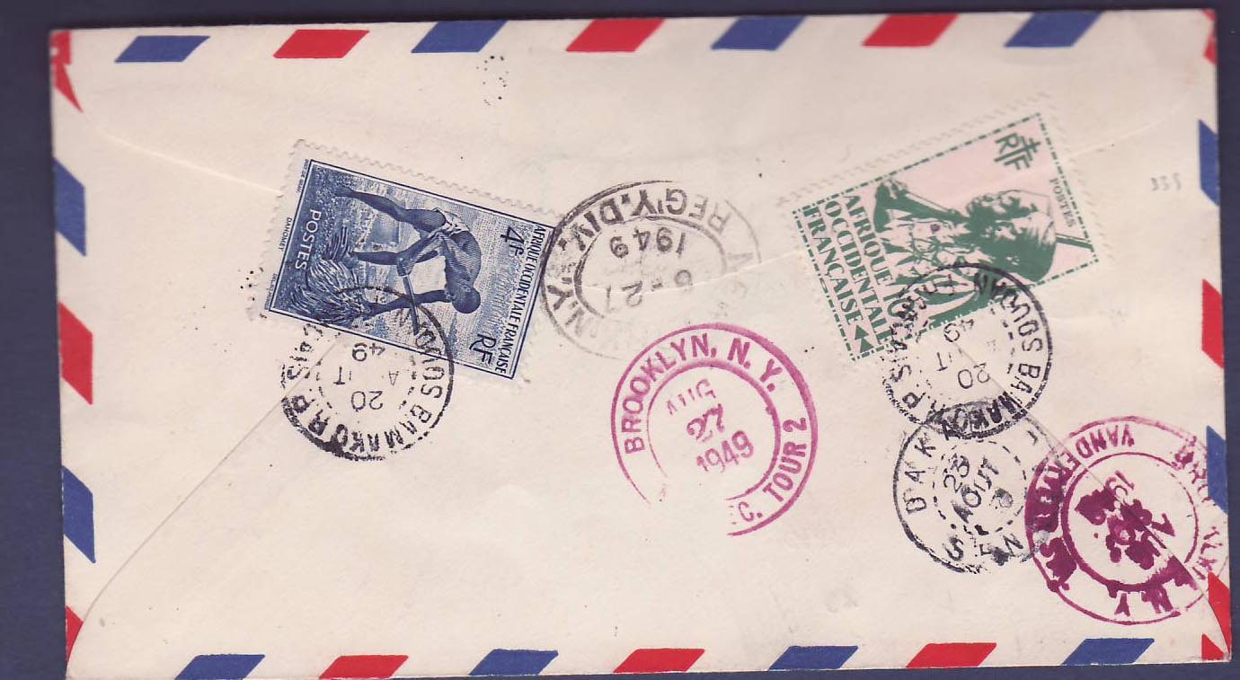 Soudan Lettre avec diverses valeurs Protection de l'enfance  pour New-York  Brooklyn  USA  obl Bamako 20 AOU 49 — Rückseite