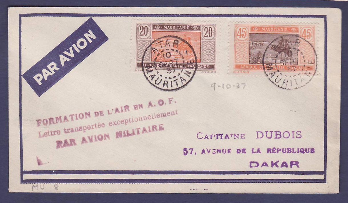 Mauritanie Pli aerien Cachet Formation de l'air en AOF  Avion militaire  pour Dakar  obl Atar 10 SEP 37