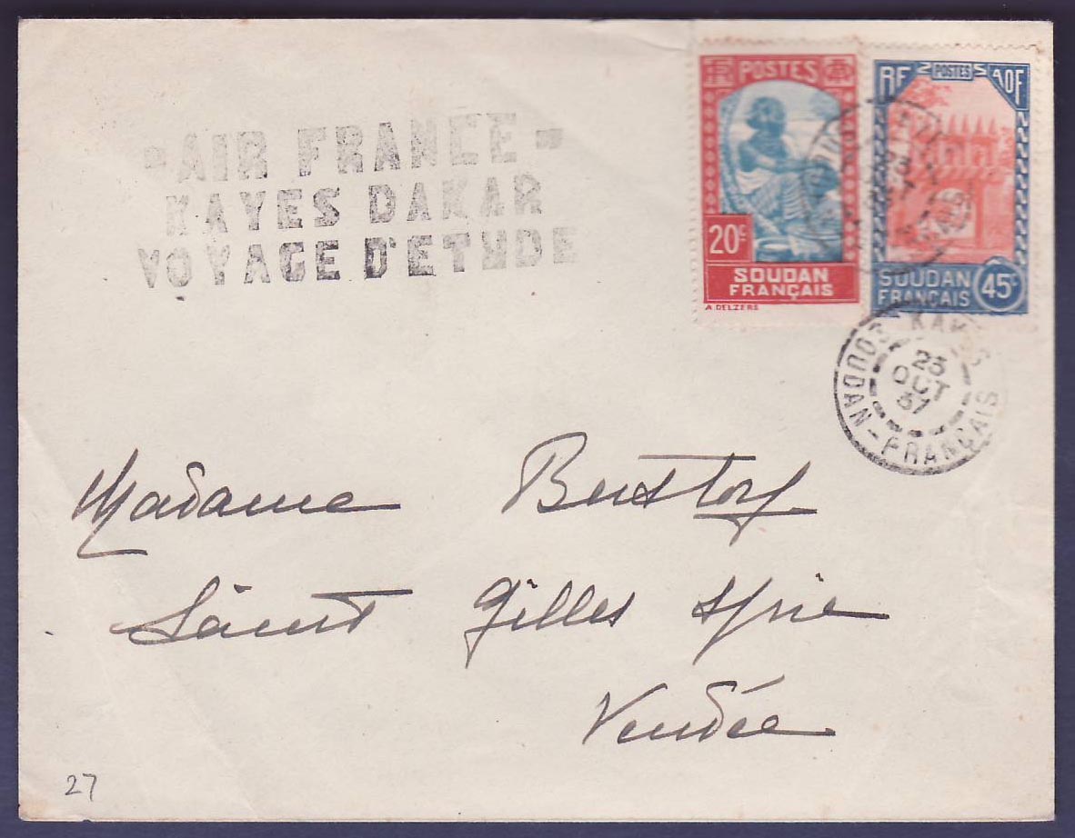 Soudan Pli aerien 1er Vol Kayes Dakar obl Kayes 23 OCT 37 pour Saint Gilles Vendee 