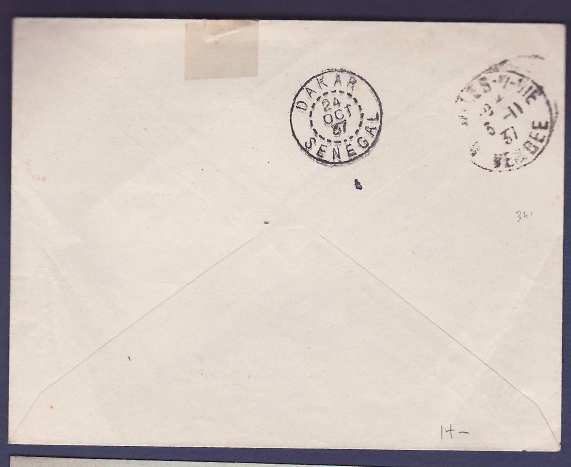 Soudan Pli aerien 1er Vol Kayes Dakar obl Kayes 23 OCT 37 pour Saint Gilles Vendee  — Verso