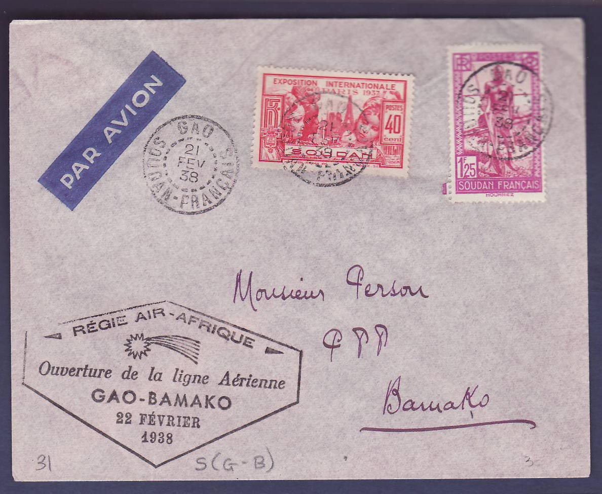 Soudan 1er Vol Gao Bamako 22 FEV 1938 obl Gao 21 FEV 38   pour Bamako