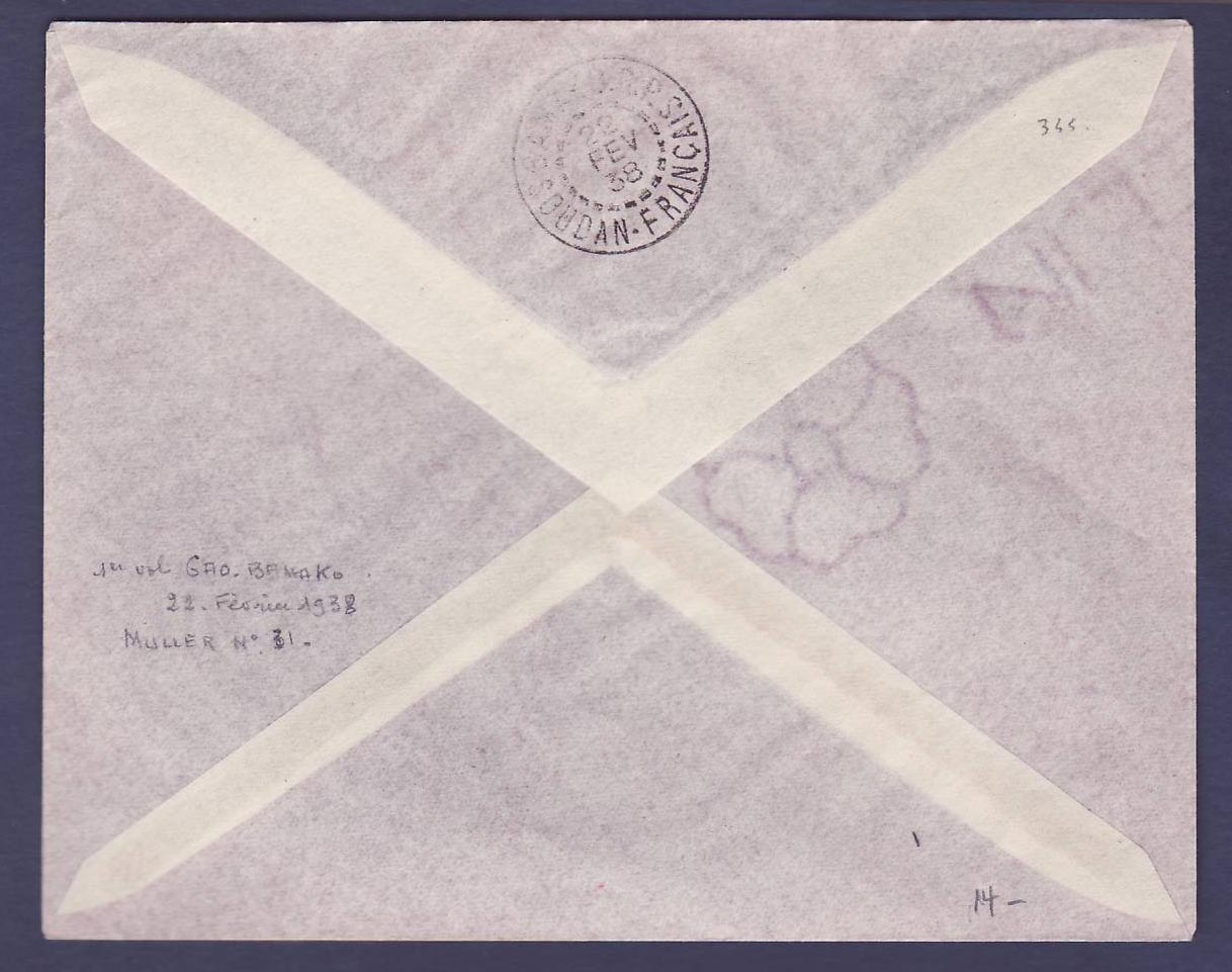 Soudan 1er Vol Gao Bamako 22 FEV 1938 obl Gao 21 FEV 38   pour Bamako — Verso