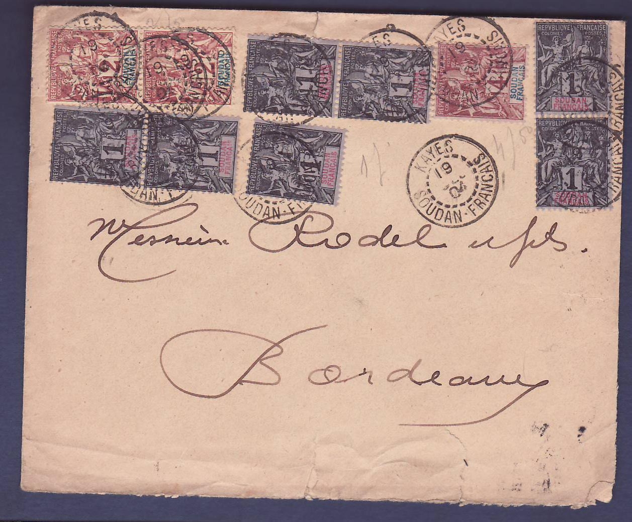 Soudan Lettre avec Valeurs Groupe 7*1c + 3*c pour Paris  France  obl Kayes 19 OCT 04