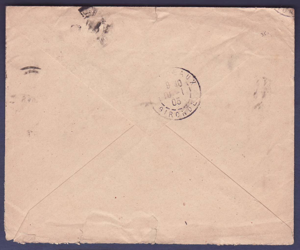 Soudan Lettre avec Valeurs Groupe 7*1c + 3*c pour Paris  France  obl Kayes 19 OCT 04 — Verso