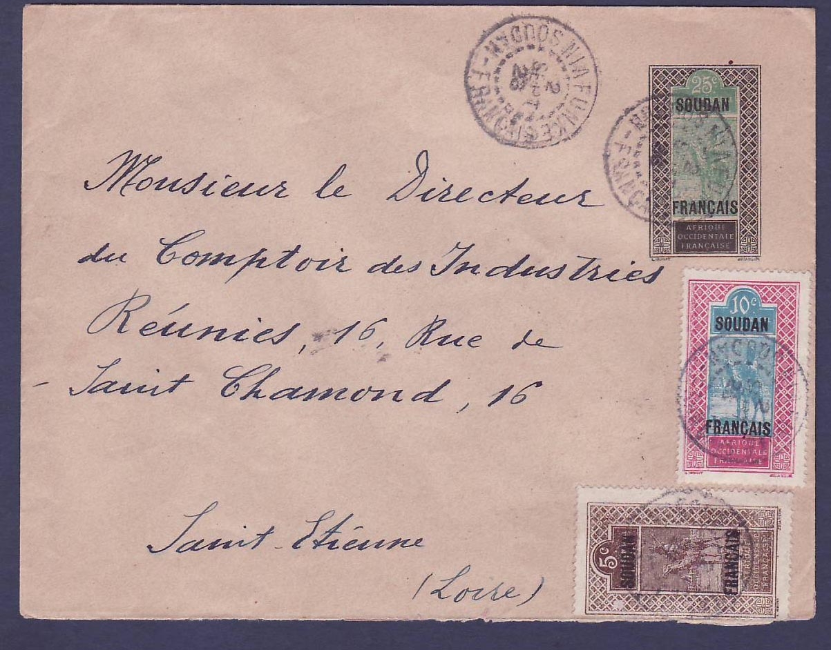 Soudan Entier Postal 25c + Chameau 10c + 5c Rare Cachet Niafunke 2 SEPT 23 pour Saint-Etienne  France