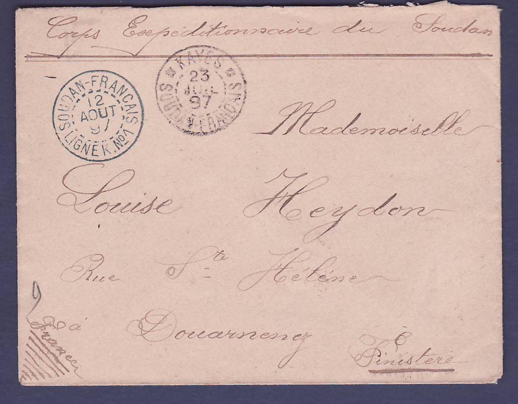 Soudan Lettre en Franchise Militaire Kaes 23 JUI 97 pour Douarnenez France  Cachet de Ligne Ligne K n°1