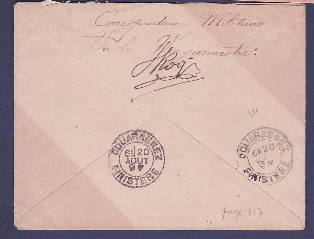 Soudan Lettre en Franchise Militaire Kaes 23 JUI 97 pour Douarnenez France  Cachet de Ligne Ligne K n°1 — Verso