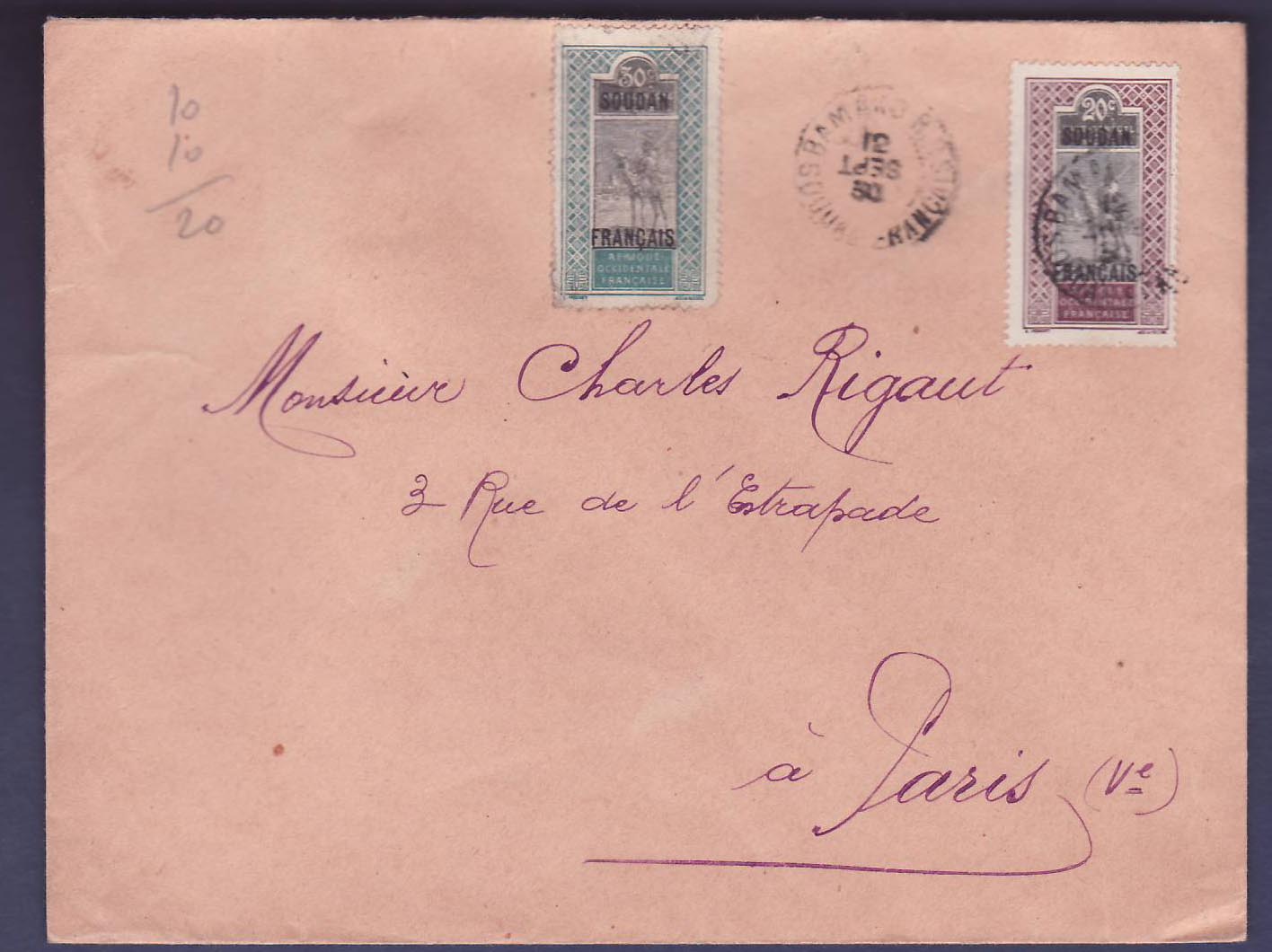 Soudan Lettre 30c +20c cachet date INVERSEE 12 SEP 30  pour Paris  France