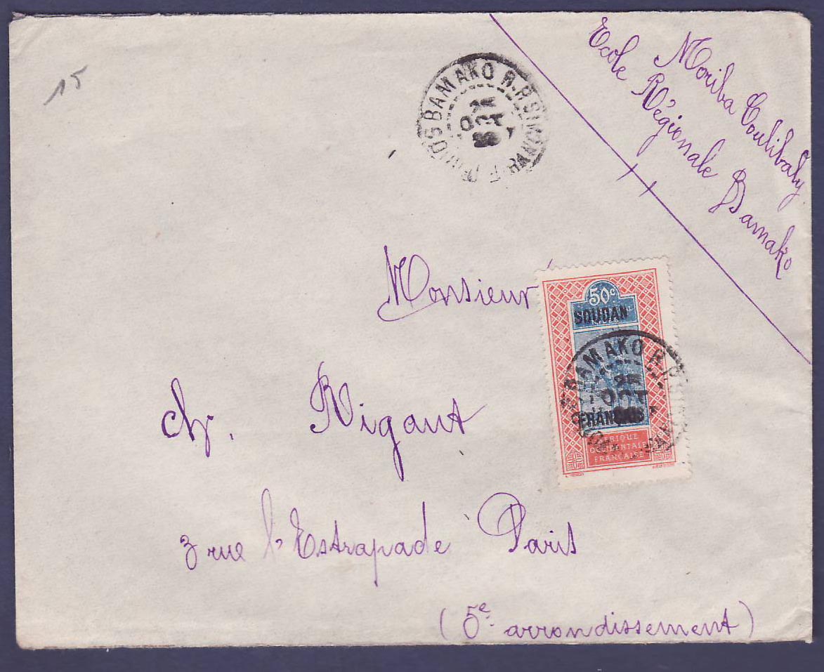 Soudan Lettre 50c seul pour Paris  obl Bamako OCT 26