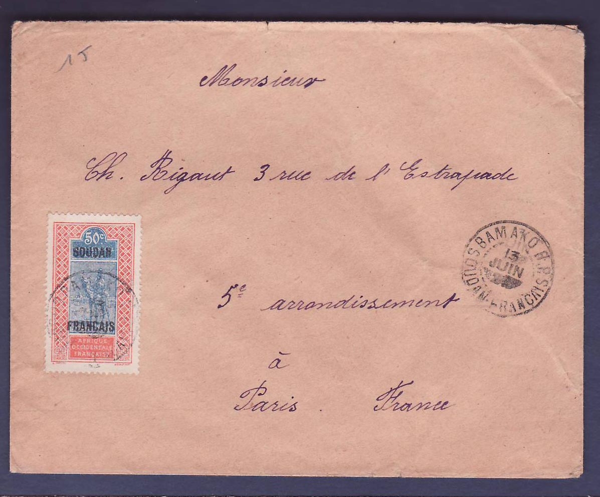 Soudan Lettre 50c seul pour Paris  obl Bamako 13 JUIN 27 ?