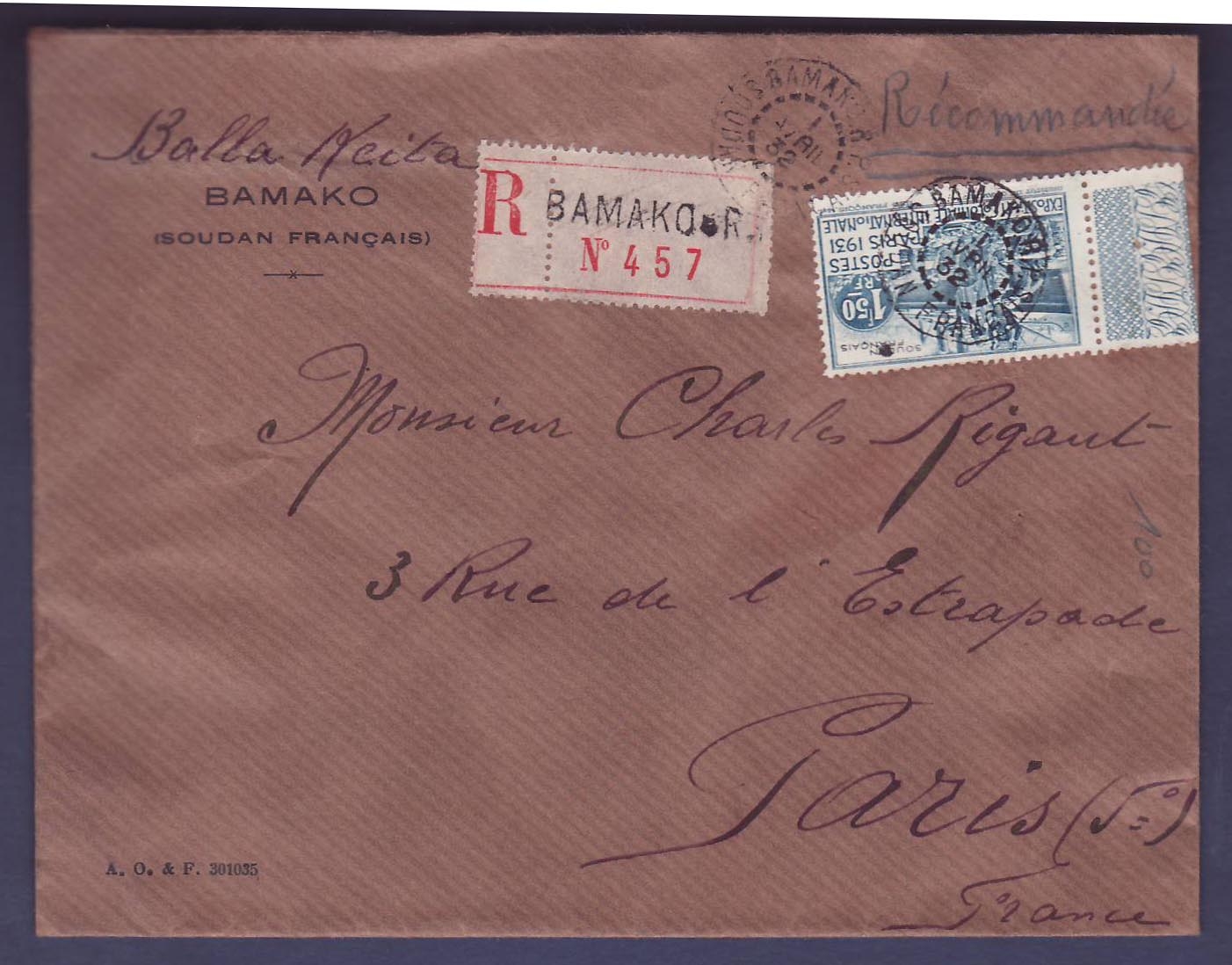 Soudan Lettre avec Timbre Exposition coloniale seul Bamako 1 AVRIL 32  pour Paris