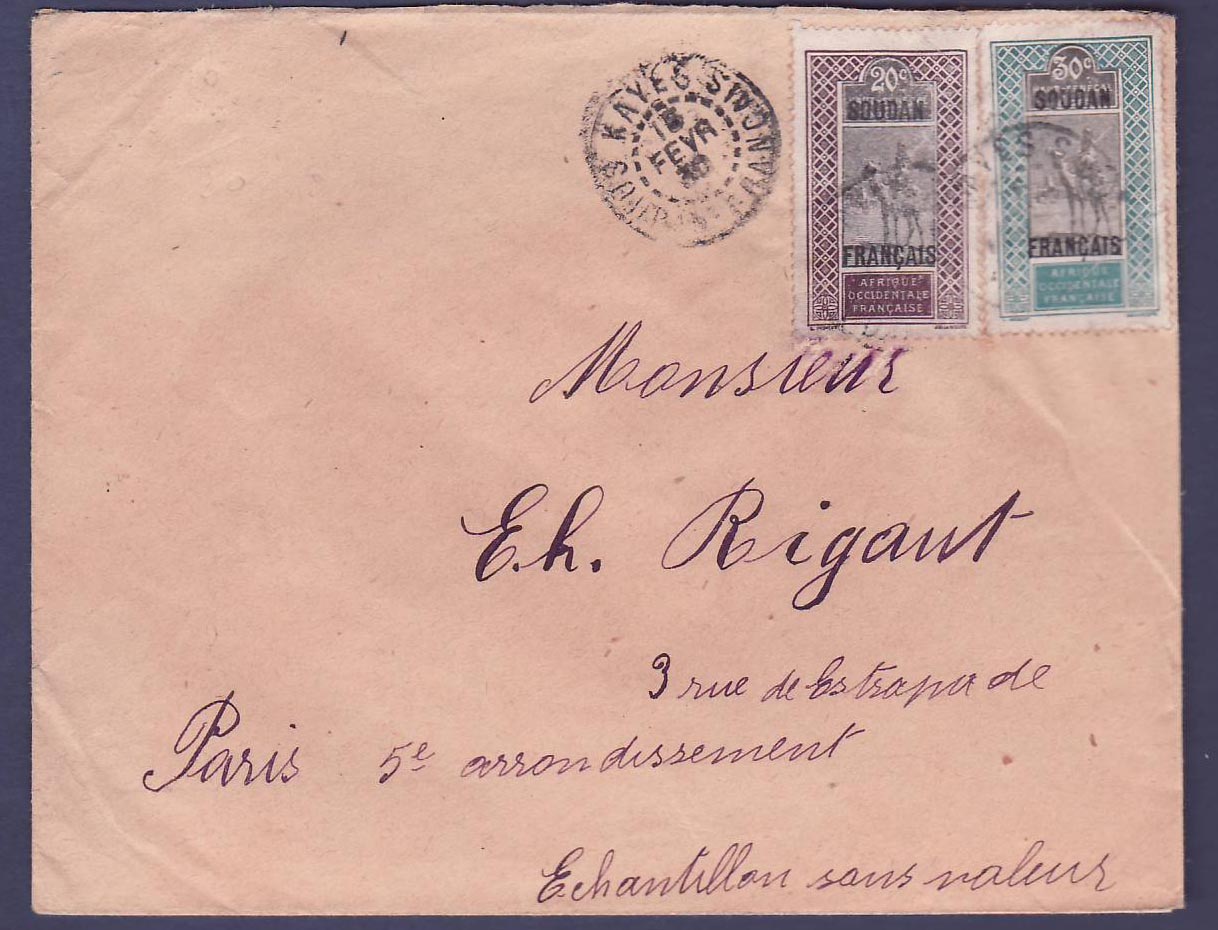 Soudan Lettre Chamelier 20 + 50 c obl Kayes 1930 pour Paris