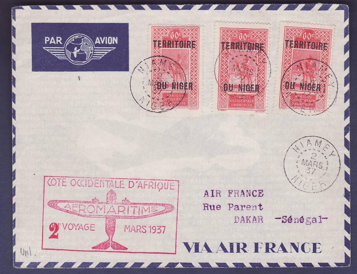 Niger 1er Vol Aeromaritime 2eme Voyage Mars 1937 obl Niamey 2 Mars 1937 pour Dakar  Senegal
